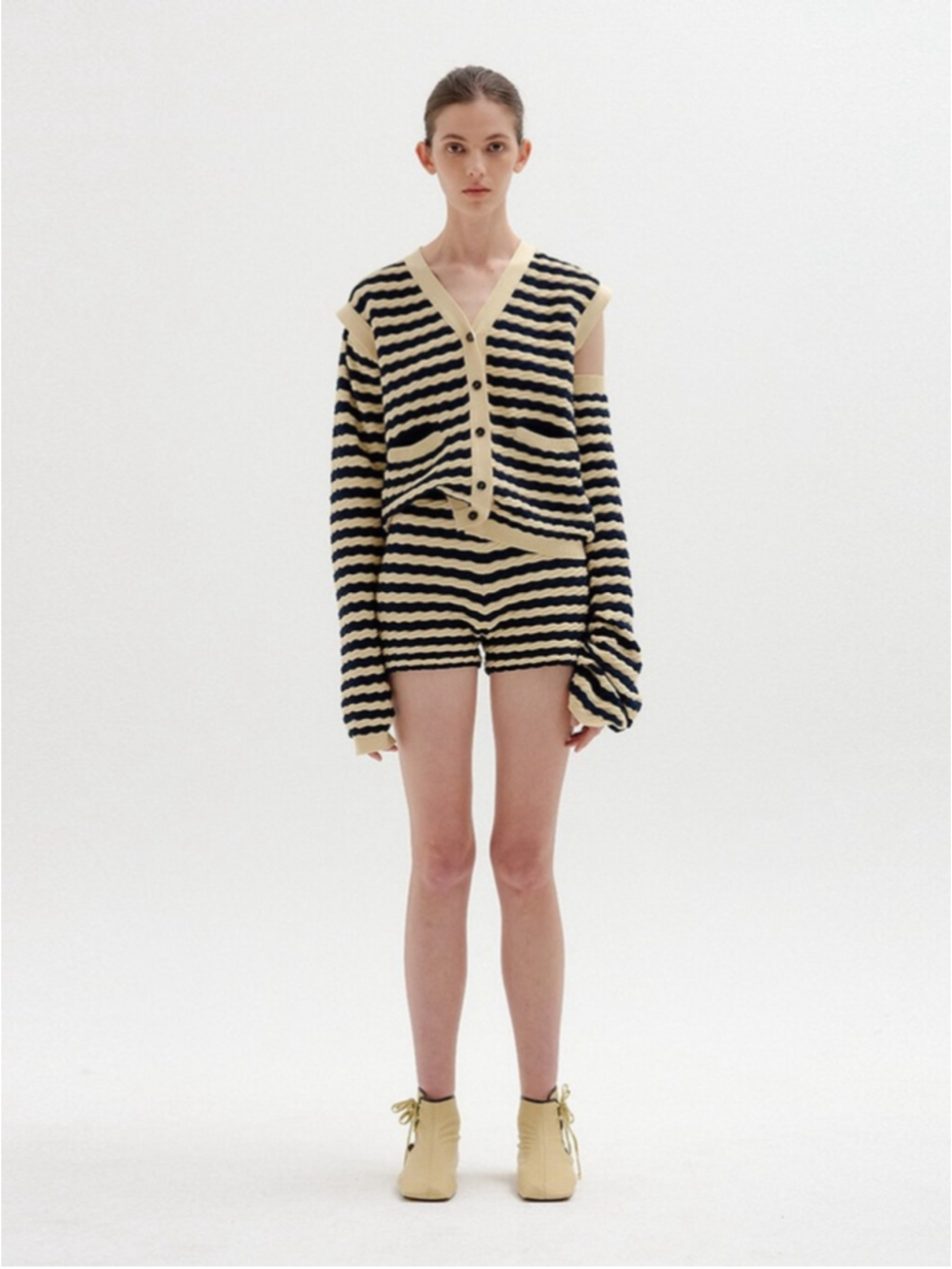 EENK Letter Project Striped Cable Knit Vest Cardigan Detachable Sleeves S